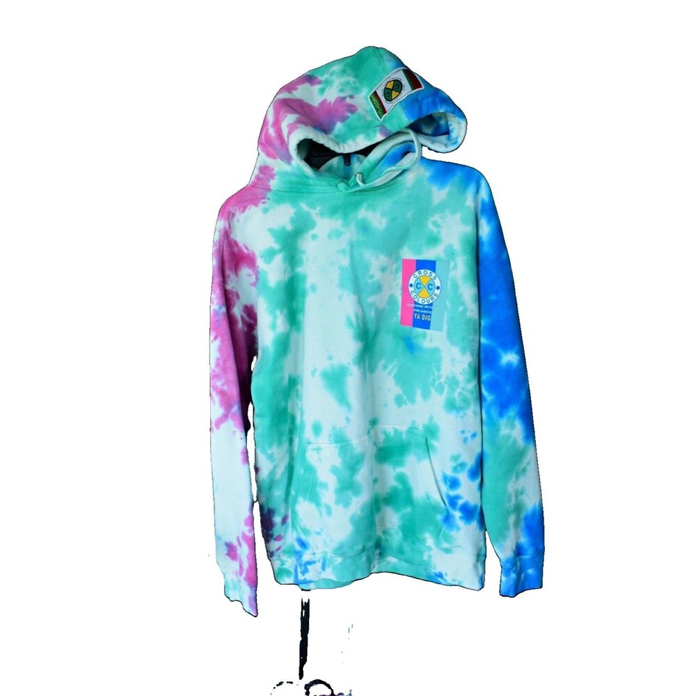 Cross Colours YA DIG Tie-Dye Fleece Cotton Pullover Hoodie Pockets Sz S
